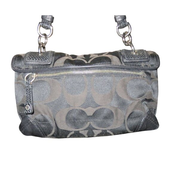 COACH Peyton Black Snake Embossed Leather and Signature Sateen Turnlock Flap Bag - Picture 2 of 13